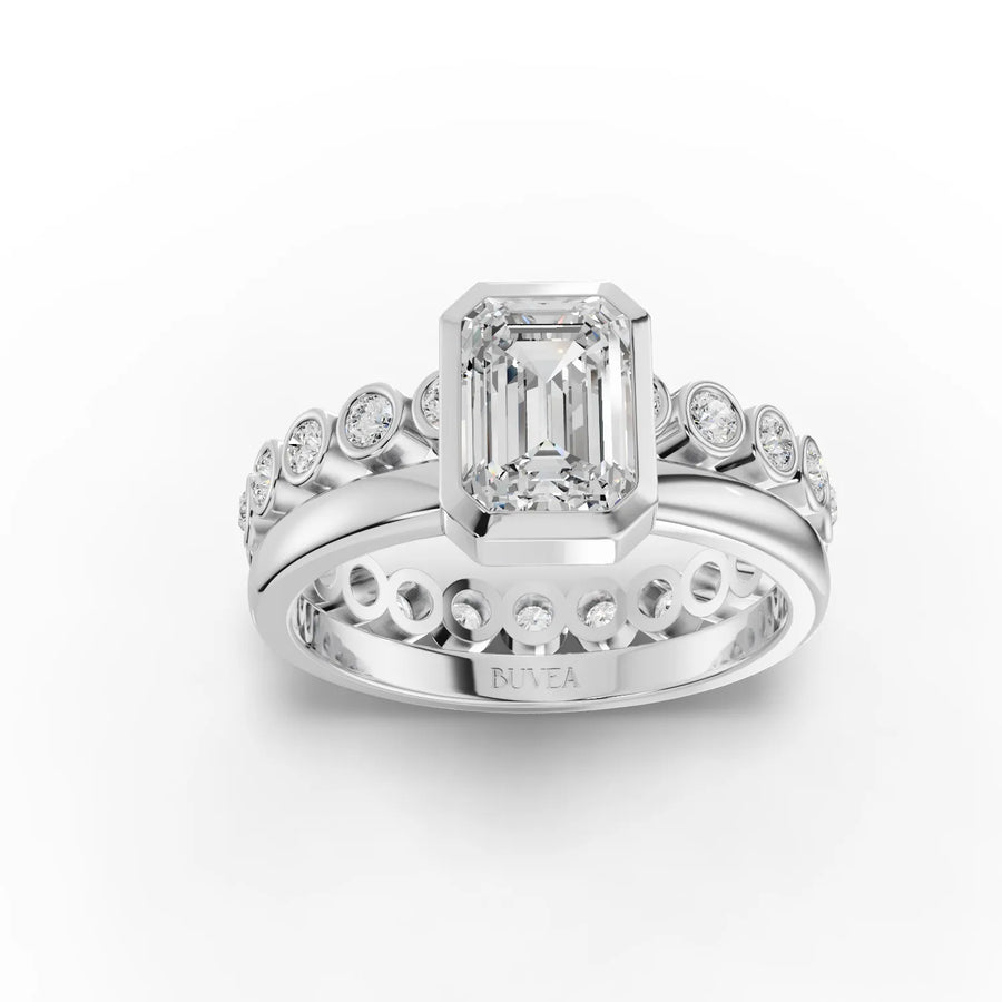 1.48 CT emerald bezel solitaire accent set lab diamond ring with 1 ct center stone and round side diamonds