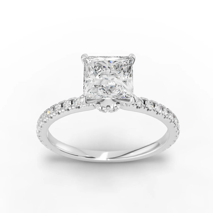 1.23 ct princess hidden halo pavé lab diamond ring with 1.00 ct center stone and accent diamond band