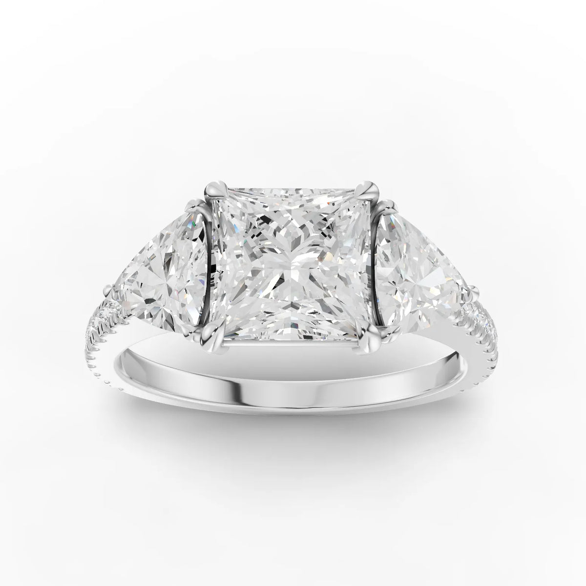 Three-Stone Princess Lab Diamond Ring · Trillion Cut Side Diamonds