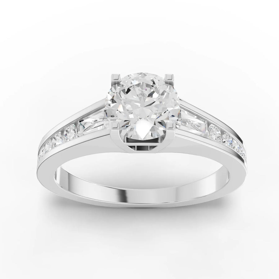 1.46 CT round lab grown diamond ring with 1.00 CT center, baguette accents, pavé diamonds, and split band