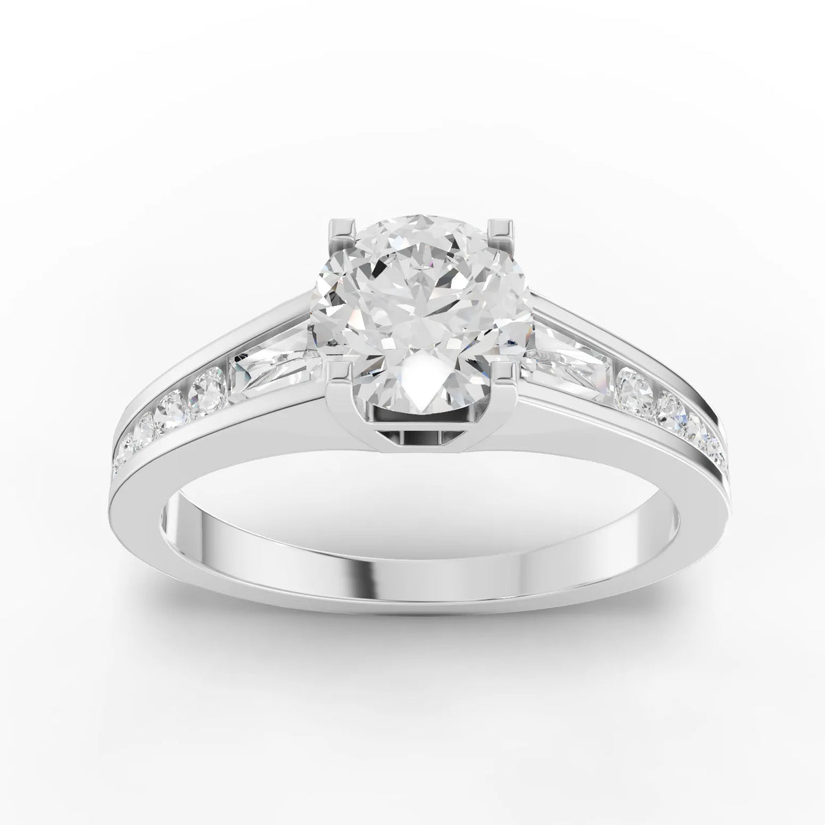 1.46 CT round lab grown diamond ring with 1.00 CT center, baguette accents, pavé diamonds, and split band