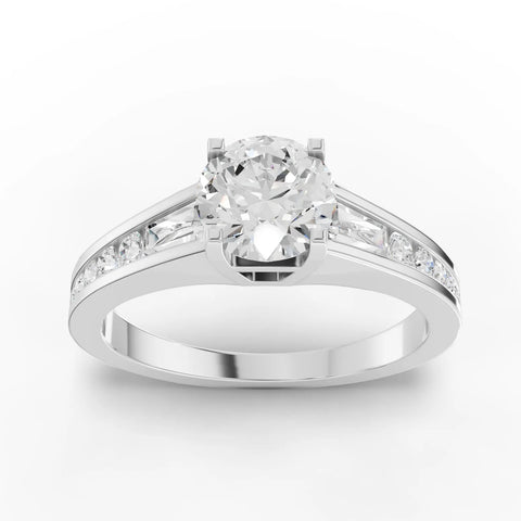 1.46 CT round lab grown diamond ring with 1.00 CT center, baguette accents, pavé diamonds, and split band