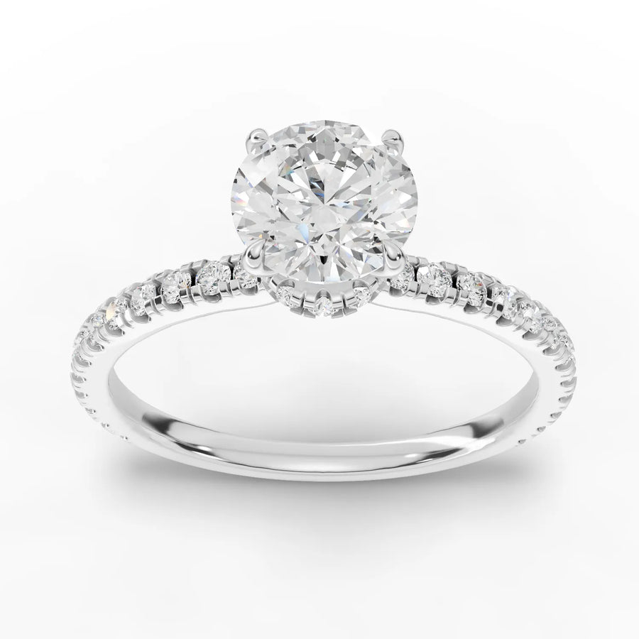 0.98 CT round lab grown diamond ring with 0.75 CT center, hidden halo and pavé band