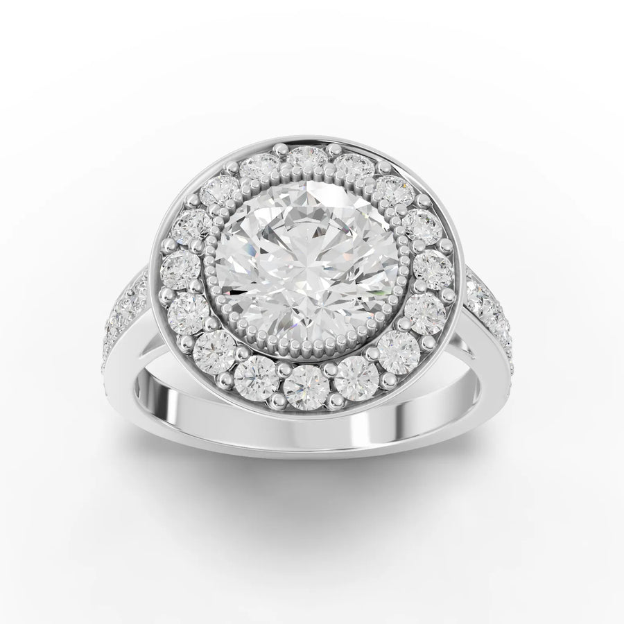 2.75 ct round double halo lab diamond ring with 2 ct center stone and pavé accent band