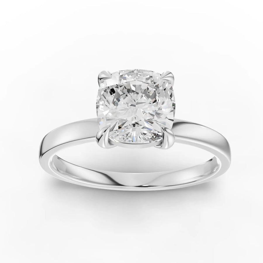 1.50 ct cushion solitaire lab diamond ring with polished band and elevated center stone