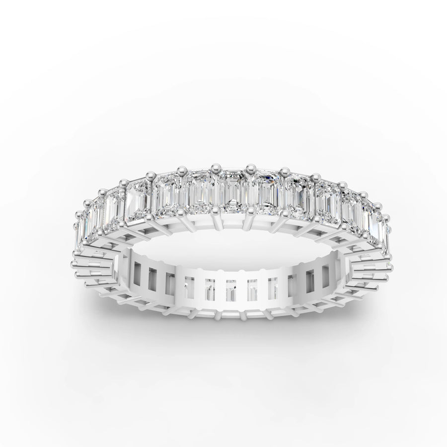 2.56 ct emerald cut lab grown diamond full eternity band with prong-set rectangular diamonds around the entire ring