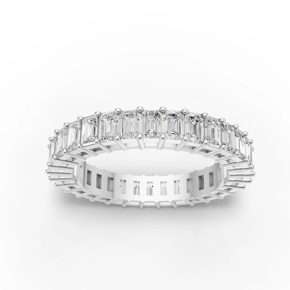 2.56 ct emerald cut lab grown diamond full eternity band with prong-set rectangular diamonds around the entire ring