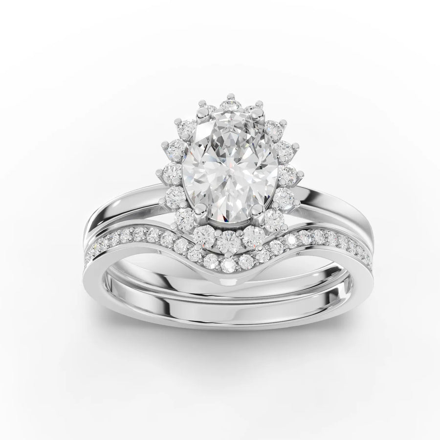 0.96 CT oval halo bridal set ring with 0.75 CT lab grown center diamond and twin parallel bands