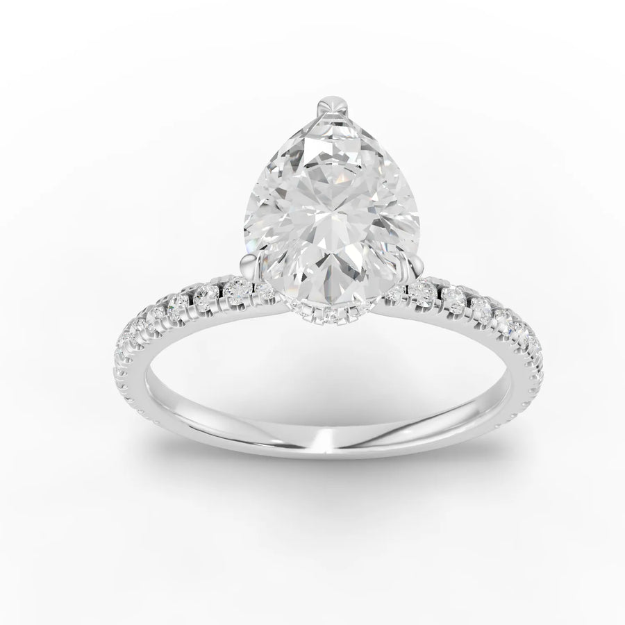 1.73 CT pear hidden halo pavé lab diamond ring with 1.50 CT center stone and accent diamond band