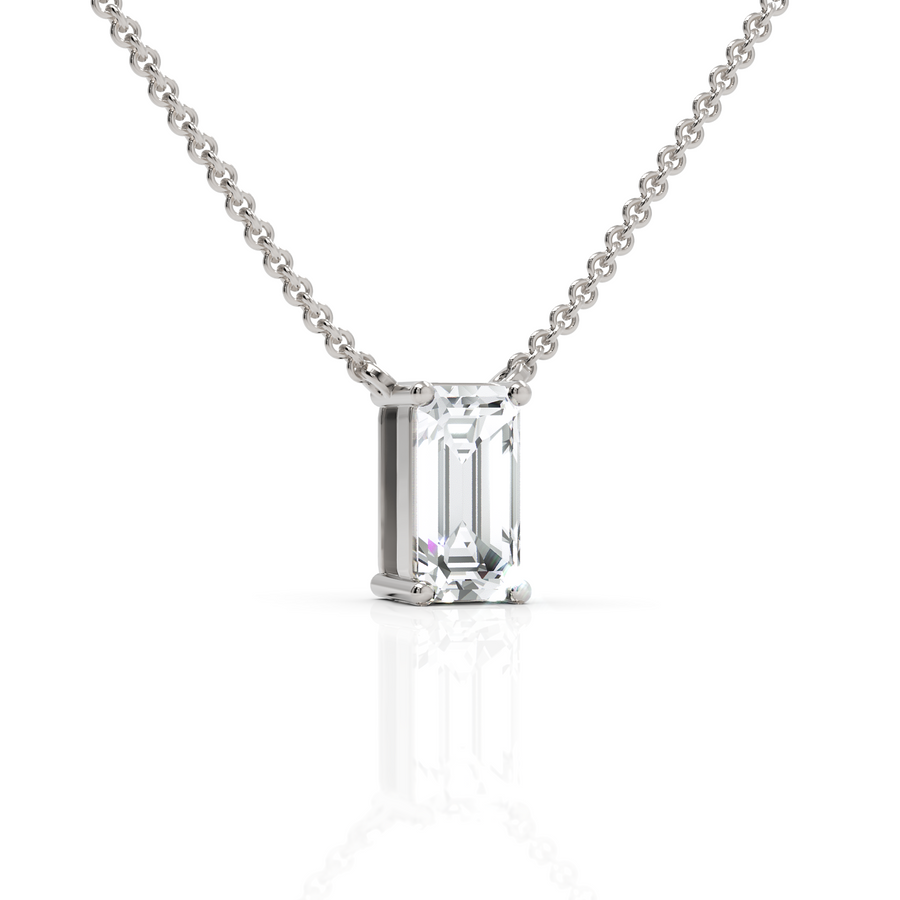 Lab-grown emerald cut diamond pendant white gold close-up