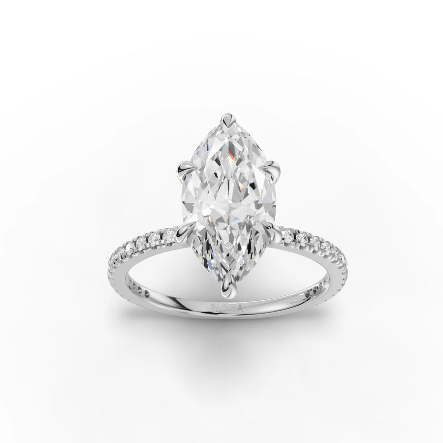 2.80 CT marquise lab diamond ring with 2.5 CT center, six-prong setting, hidden halo accent, and smooth band