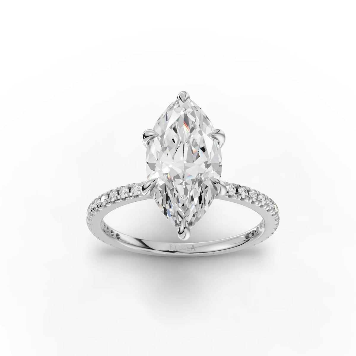 2.80 CT marquise lab diamond ring with 2.5 CT center, six-prong setting, hidden halo accent, and smooth band