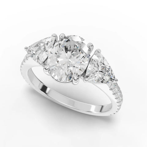 Three-Stone Oval Lab Diamond Ring · Trillion Cut Accent · Yellow Gold Finish