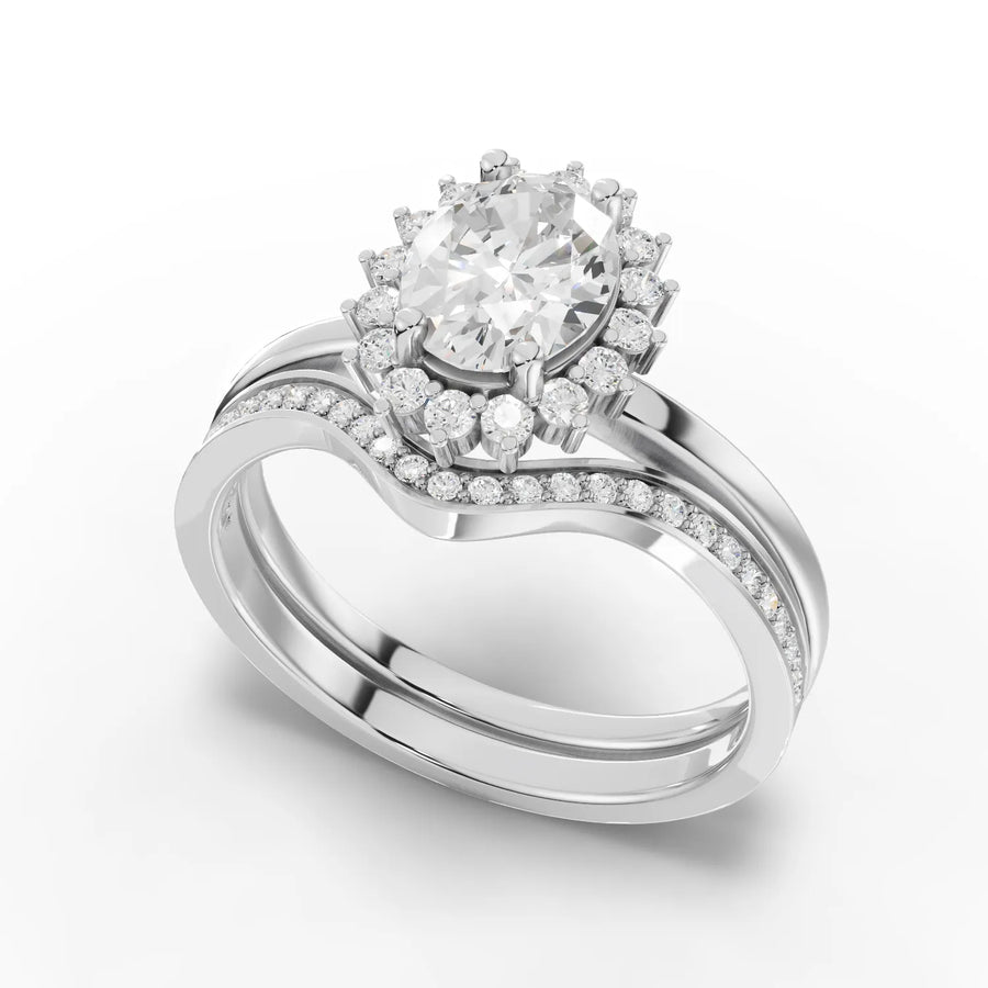 Oval halo twin ring white gold angle