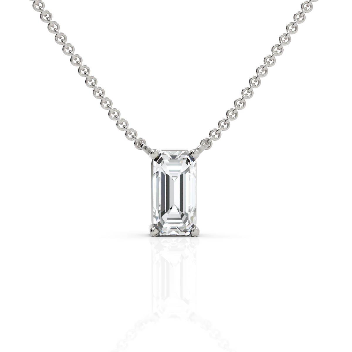 4 ct emerald cut lab grown diamond solitaire pendant necklace in gold with a single elongated center stone