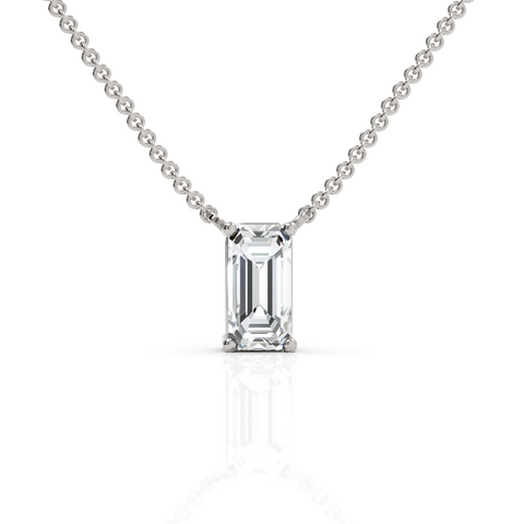 4 ct emerald cut lab grown diamond solitaire pendant necklace in gold with a single elongated center stone
