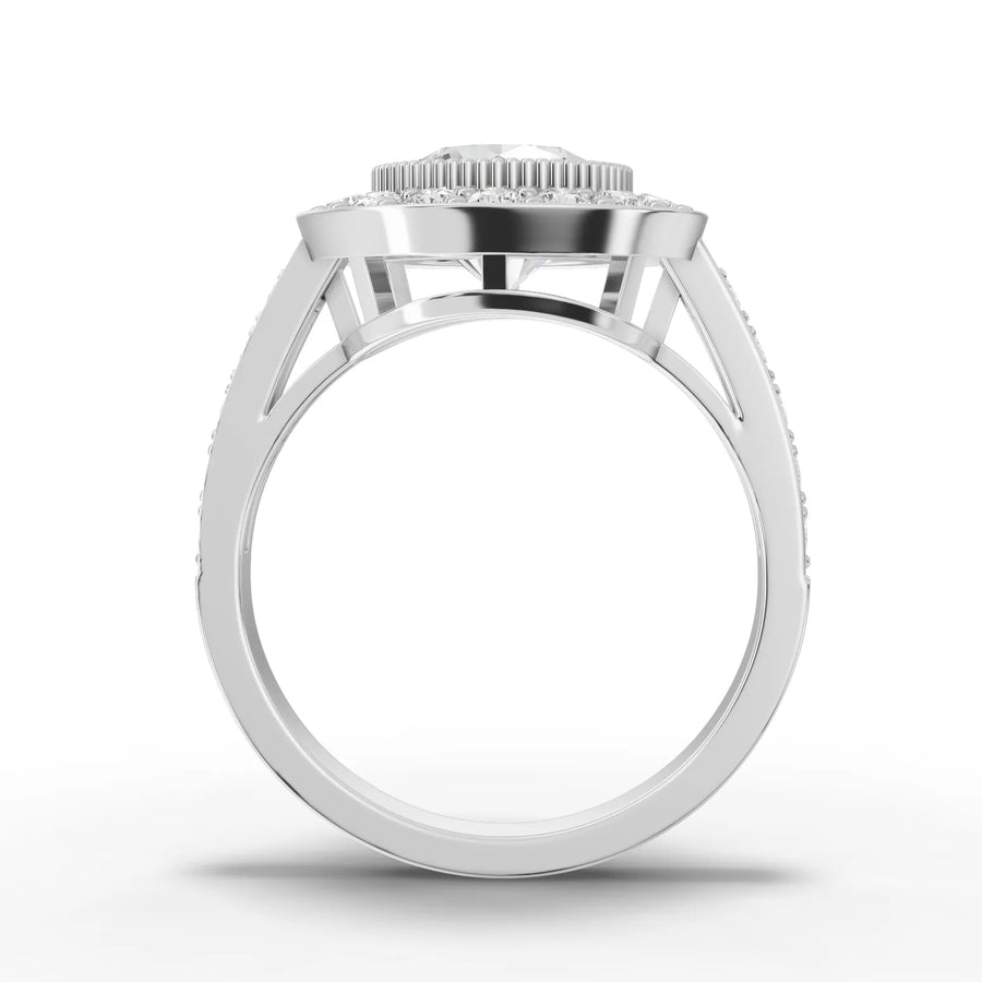Lab-grown round double halo ring white gold close-up