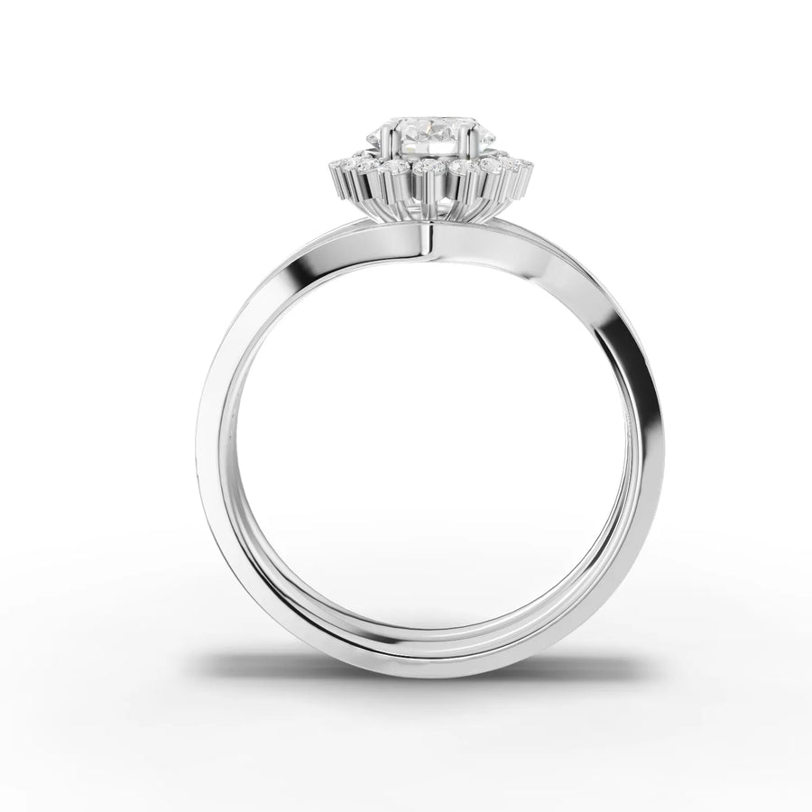 Oval lab-grown halo twin ring white gold close-up
