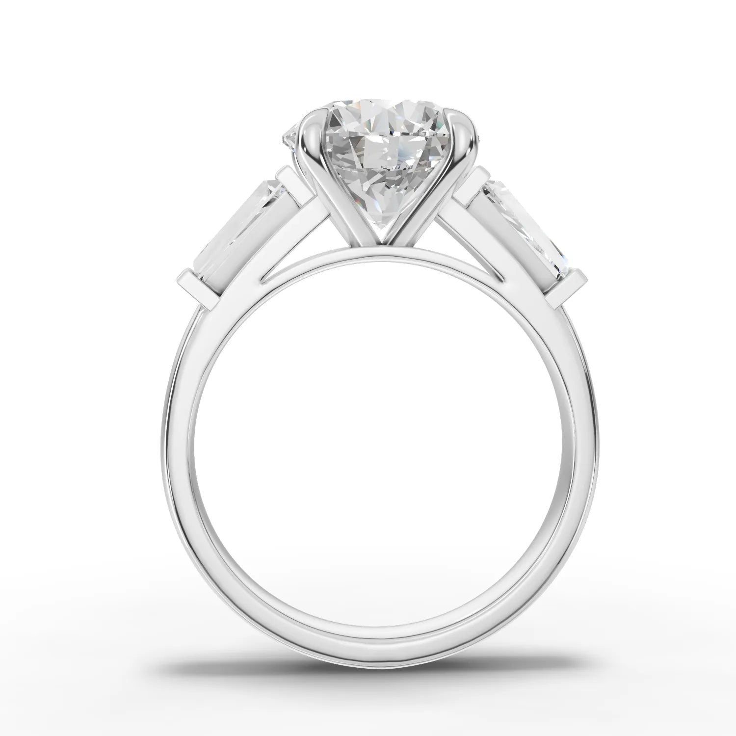 Lab-grown round three stone ring white gold close-up