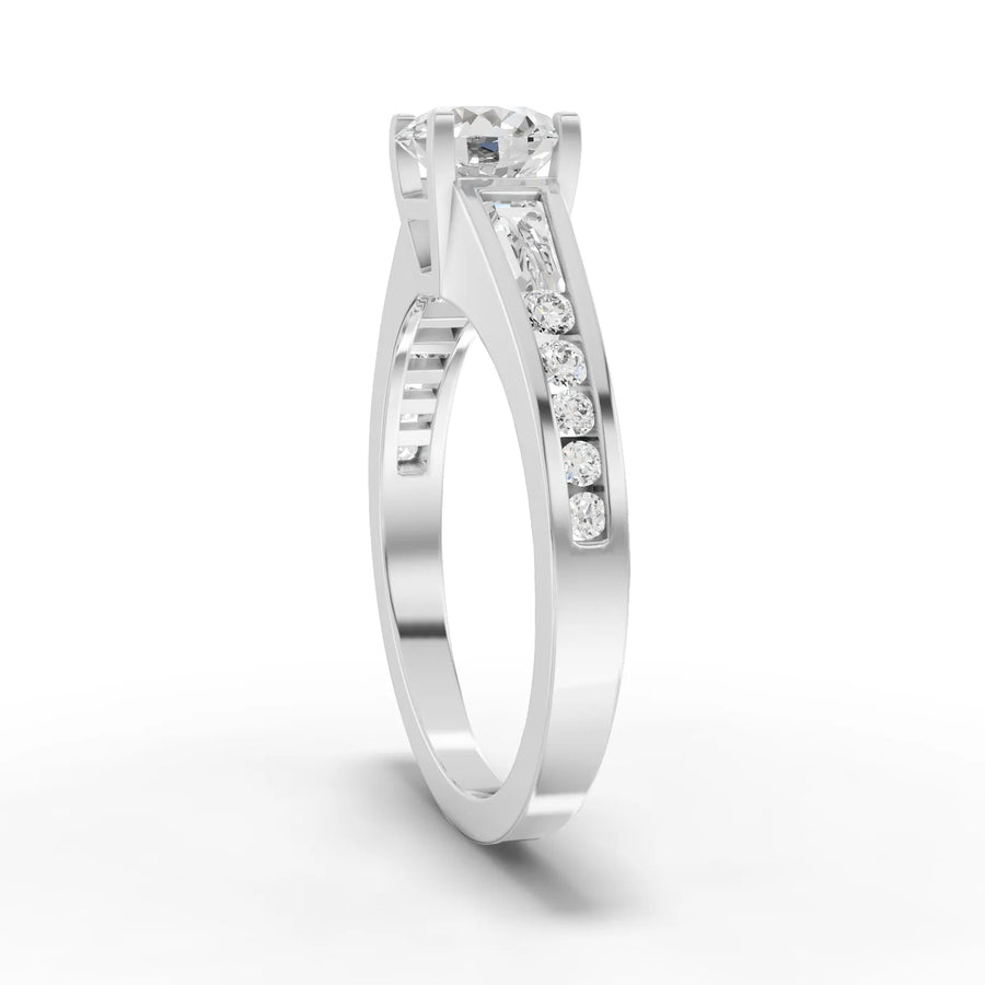 Round lab-grown split shoulder ring white gold close-up