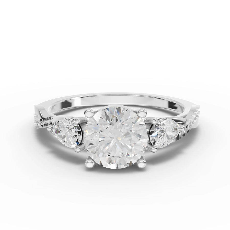 2.86 ct round three stone lab diamond ring with 2 ct round center and pear side stones