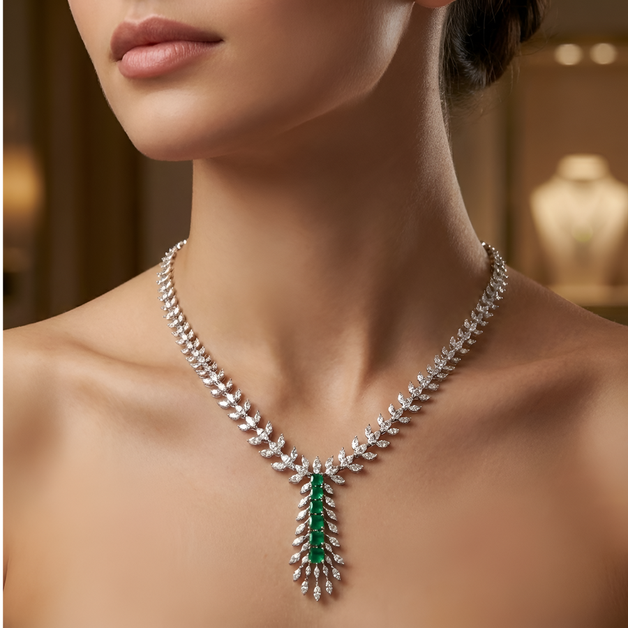 Y-Necklace Featuring Lab-Grown Marquise Diamond Leaf Motifs with Emerald-Green Drop Accent