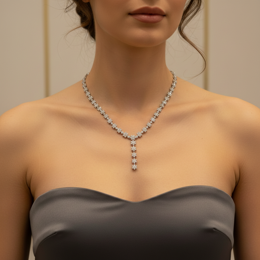 Y-Necklace Featuring Brilliant Lab-Grown Diamond Cluster Motifs with Drop Pendant Finish