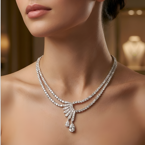 قلادة مزدوجة الصفوف مرصعة بألماس صناعي مع تصميم مركزي على شكل مروحة وتفاصيل على شكل قطرة كمثرى