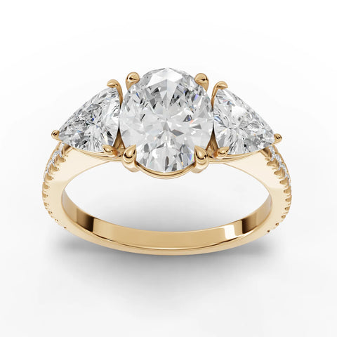 Three-Stone Oval Lab Diamond Ring · Trillion Cut Accent · Yellow Gold Finish