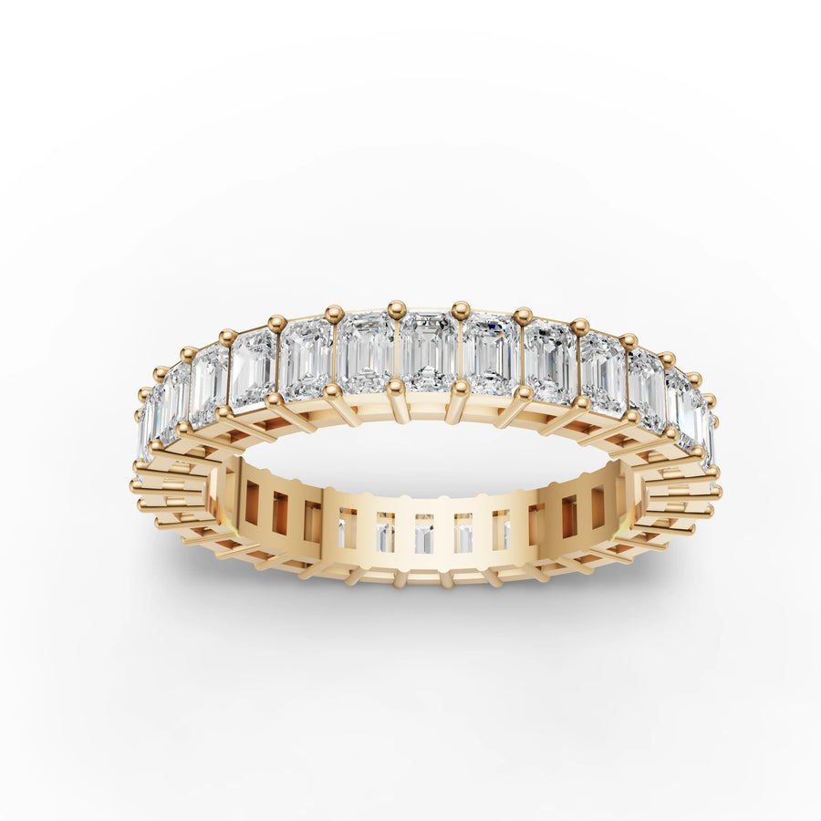 Lab-grown emerald eternity band rose gold close-up
