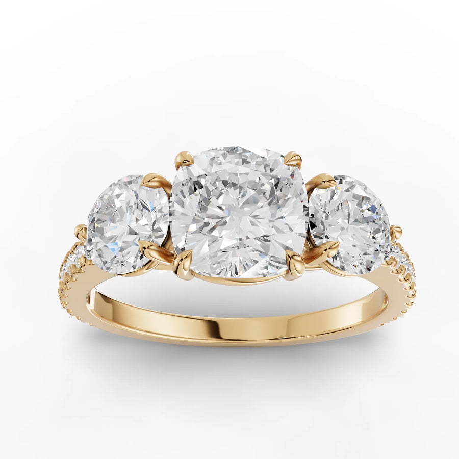 2.72 CT cushion trinity lab-grown diamond ring yellow gold top view