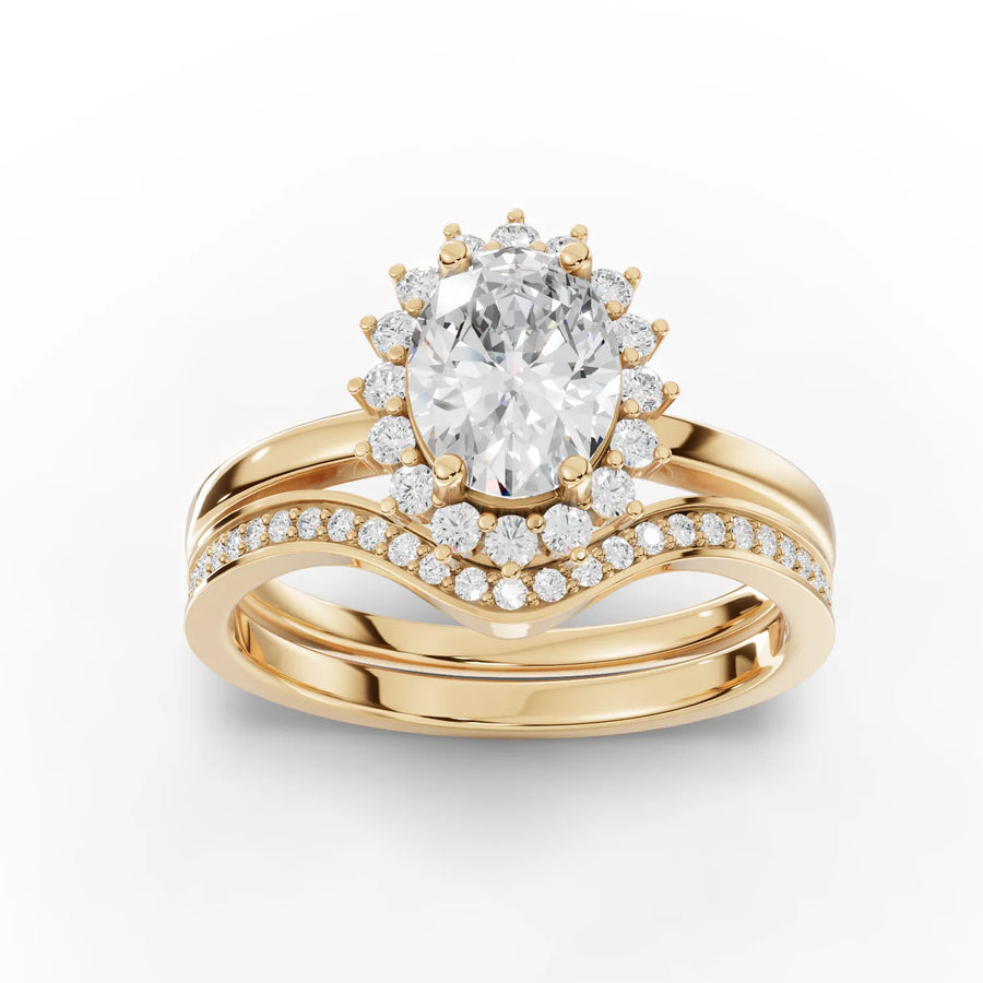 1.03 CT oval lab-grown halo twin ring yellow gold top view