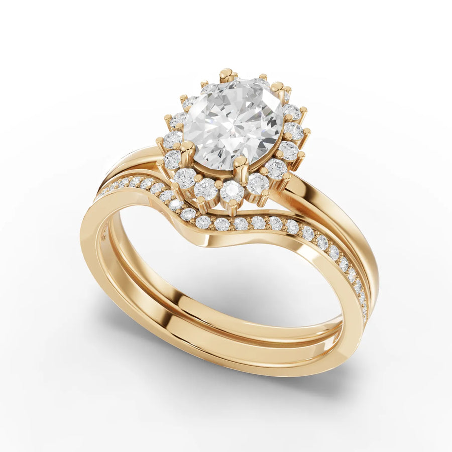 Oval halo twin ring yellow gold angle