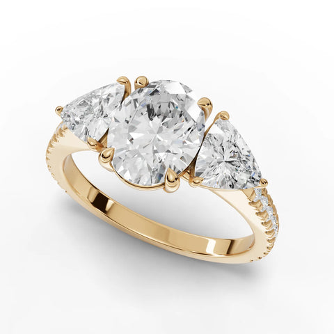Three-Stone Oval Lab Diamond Ring · Trillion Cut Accent · Yellow Gold Finish
