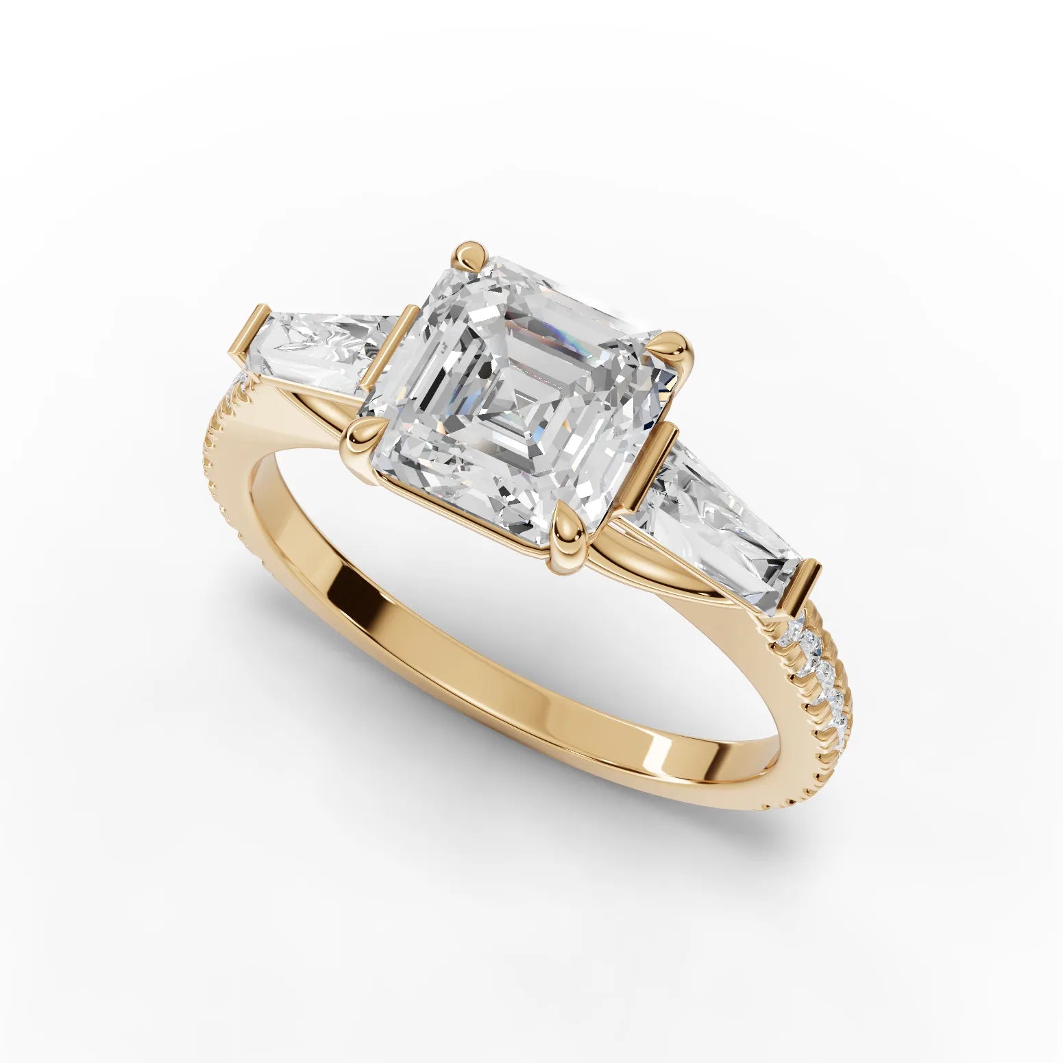 Emerald trinity diamond ring yellow gold angle