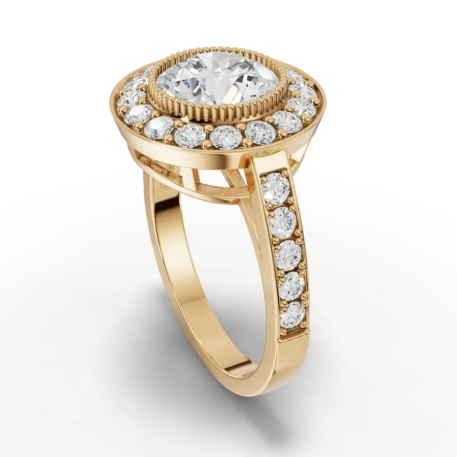 Double halo ring yellow gold angle