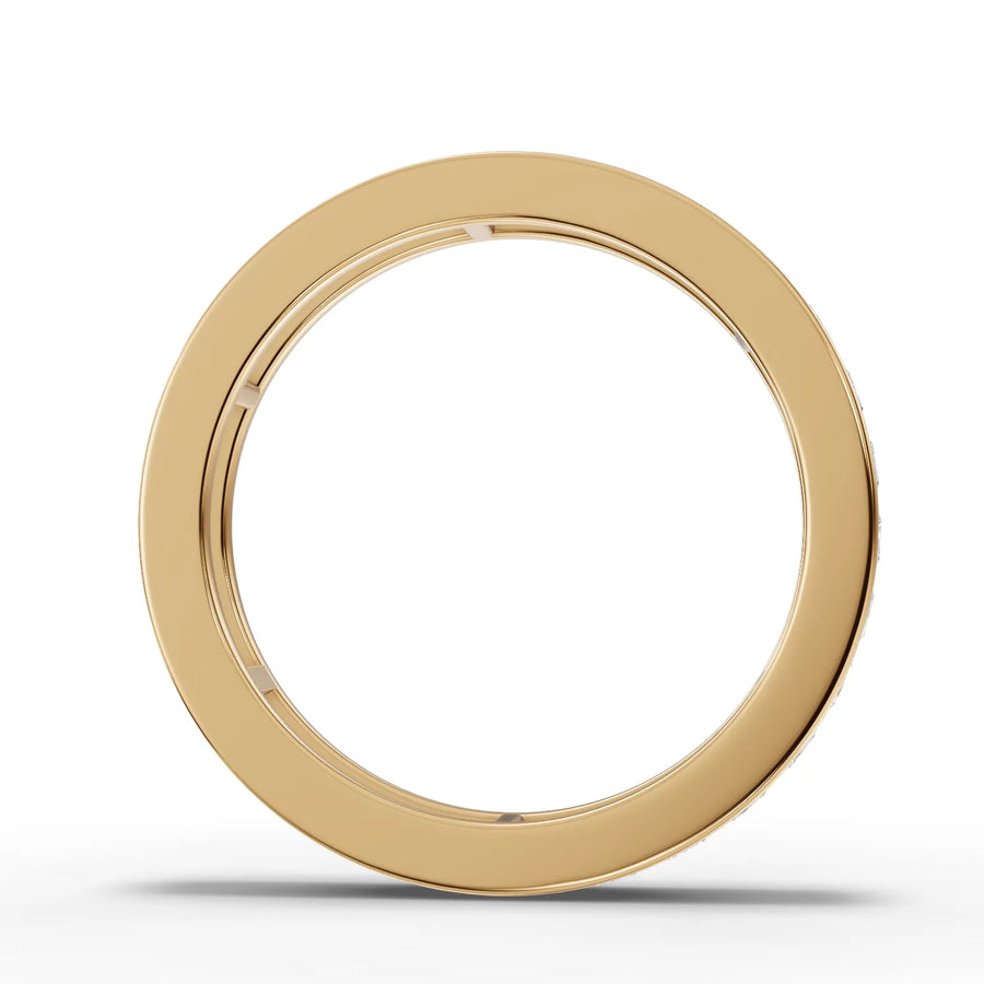 Princess cut lab-grown eternity band yellow gold close-up