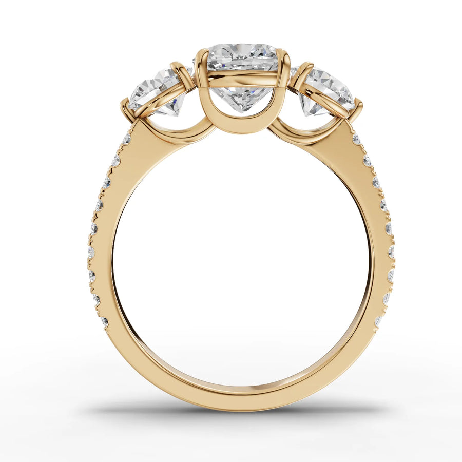 Cushion trinity lab-grown ring yellow gold close-up