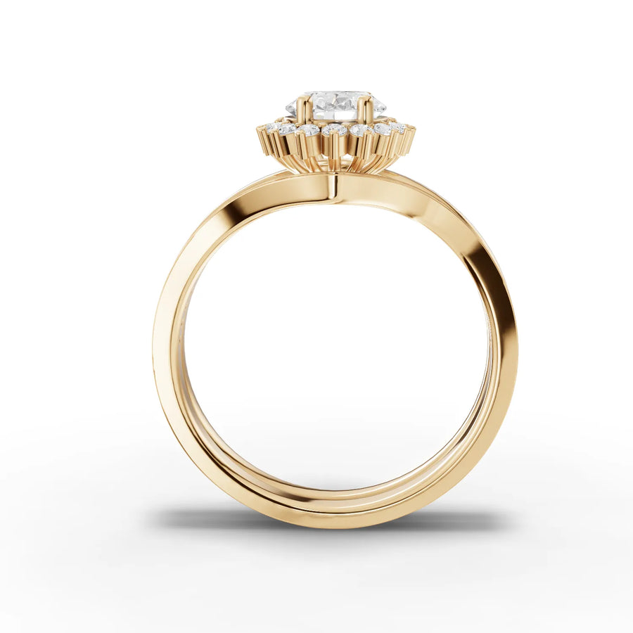 Oval lab-grown halo twin ring yellow gold close-up
