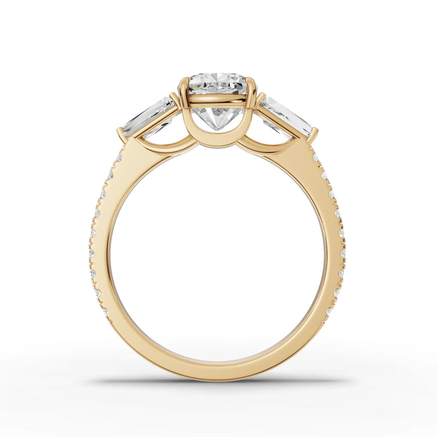 Cushion trinity lab-grown ring yellow gold close-up