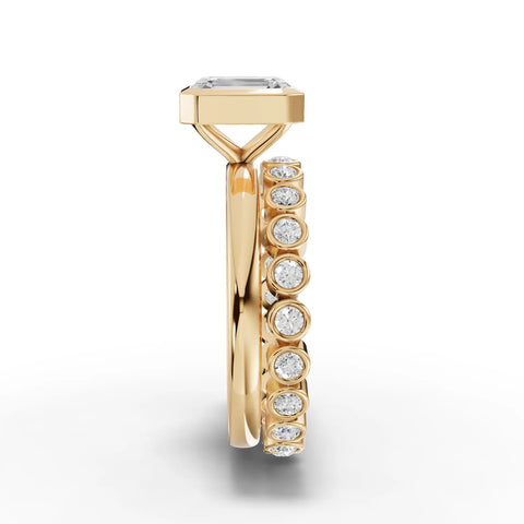 Emerald-Cut Engagement Ring with Bezel Setting and Round Diamond Accents