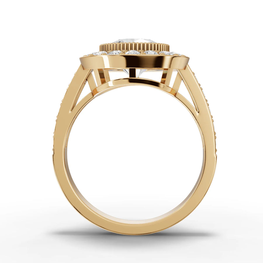 Lab-grown round double halo ring yellow gold close-up