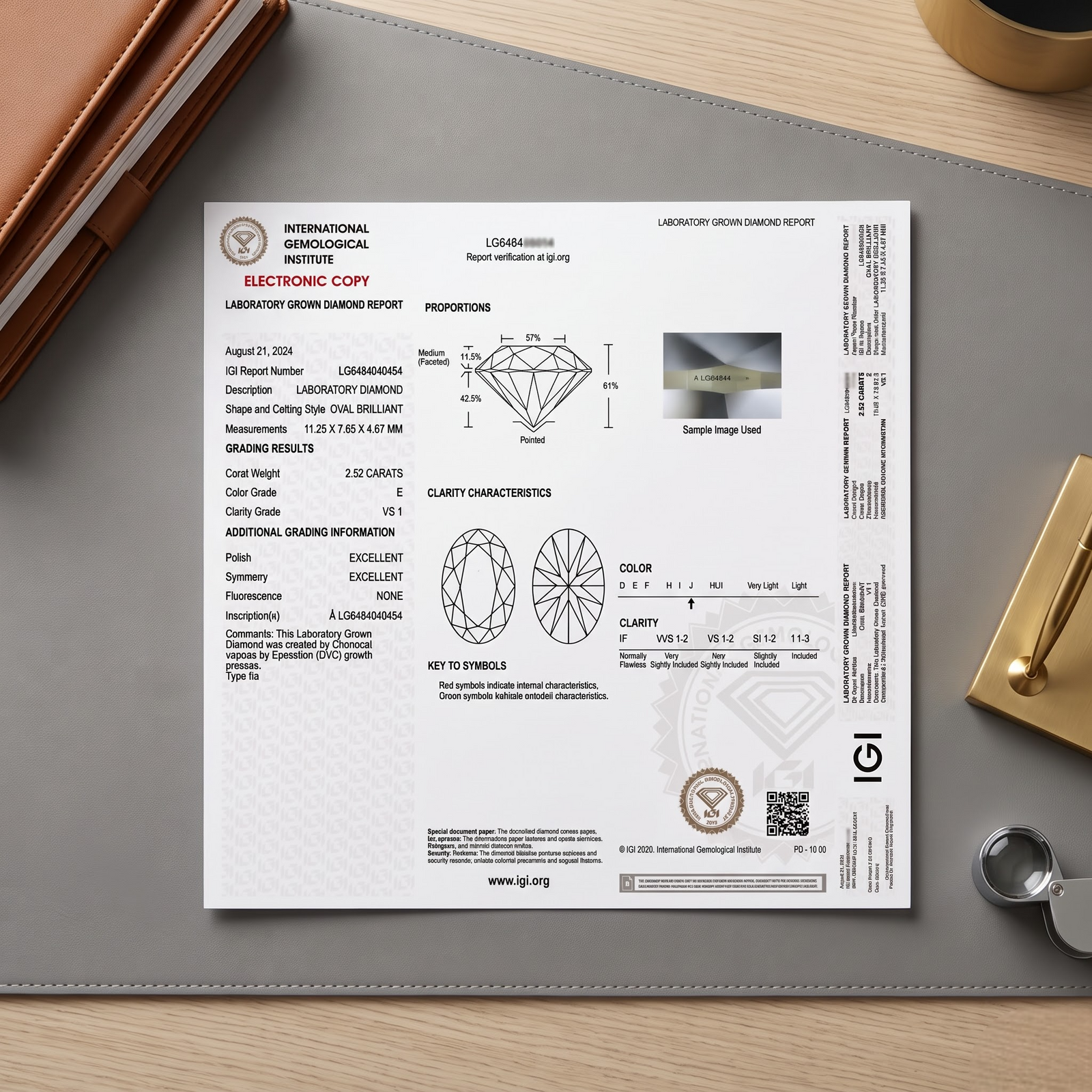 Diamond grading report and certified lab-grown diamond details